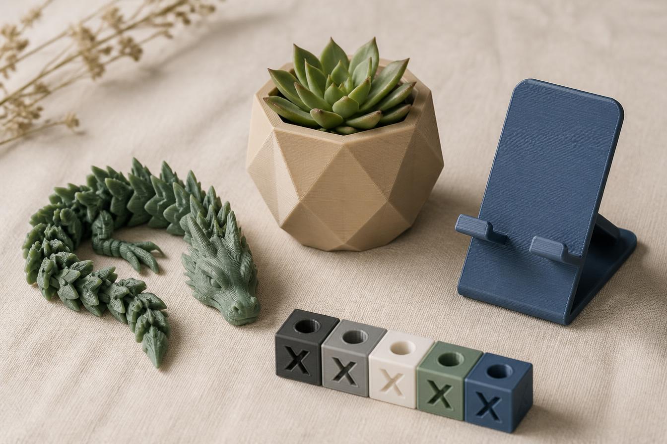 A selection of finished 3D prints: an articulated dragon, a geometric planter, a phone stand and calibration cubes